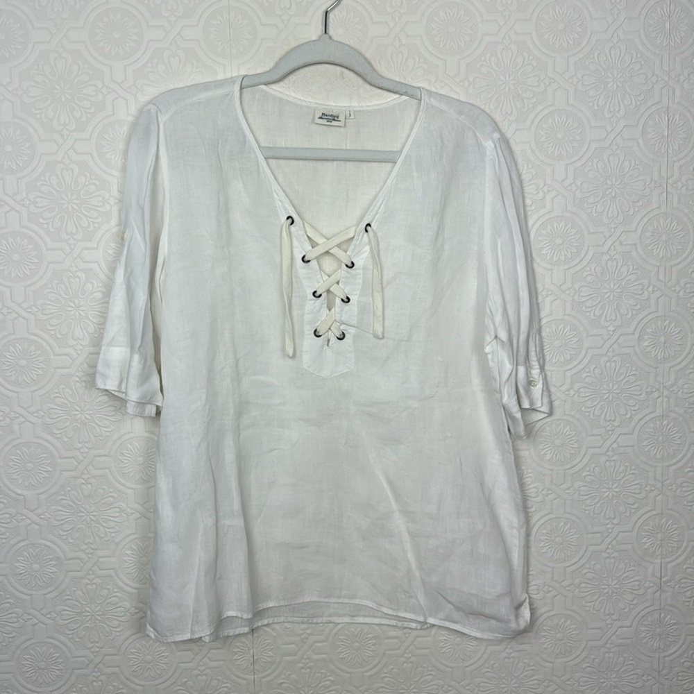 Hartford 100% Linen Blouse Shirt Top White Tie Up Tunic Morocco Resort Vacation